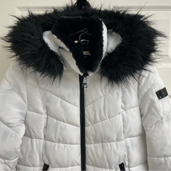 Karl Lagerfeld Paris White Long Faux Fur Puffer Coat - Size Large - Picture 2 of 16